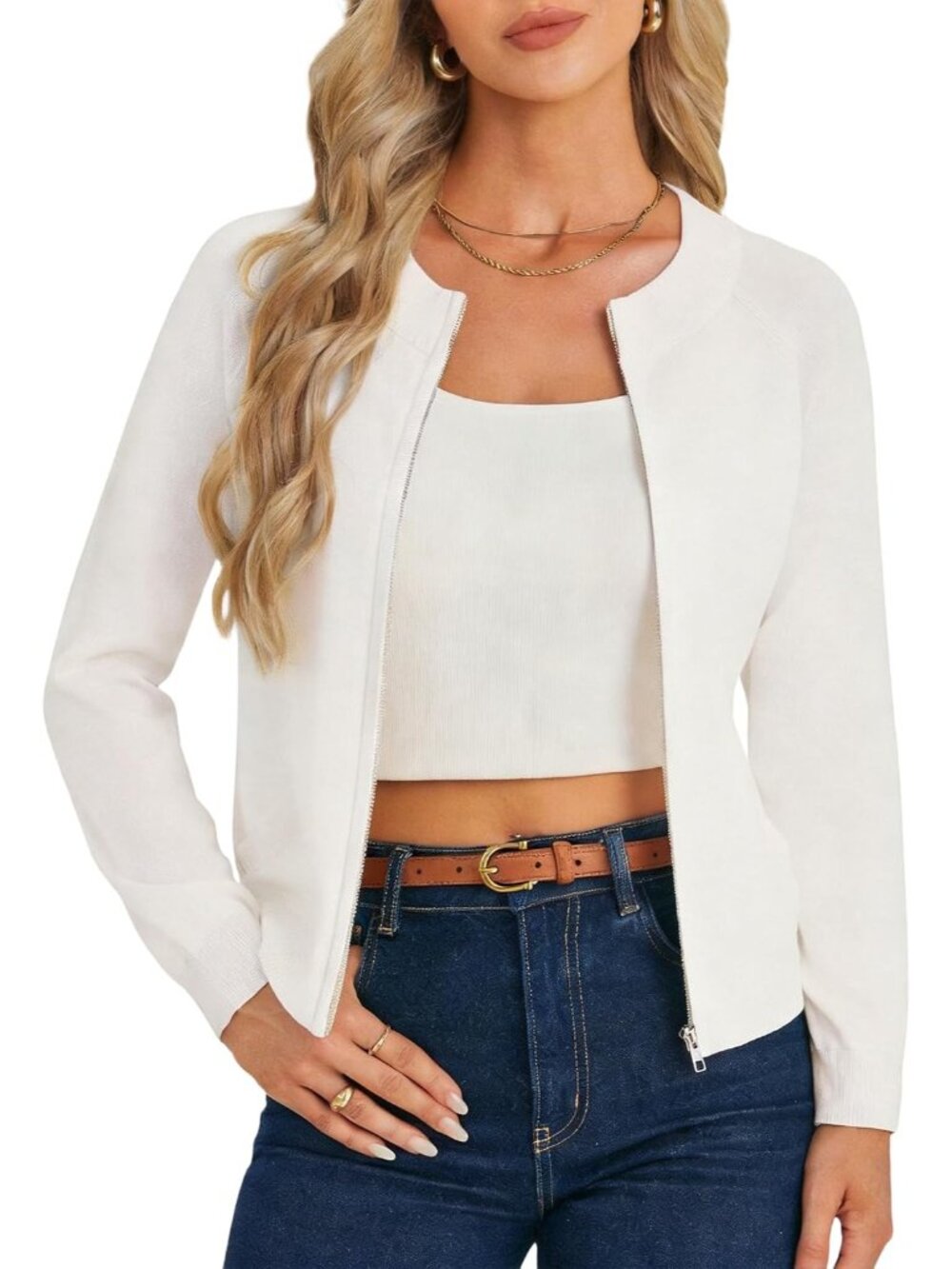 〽️Women's White Long Sleeve Zip Up Cardigan Lightweight Knitted Sweater Jacket